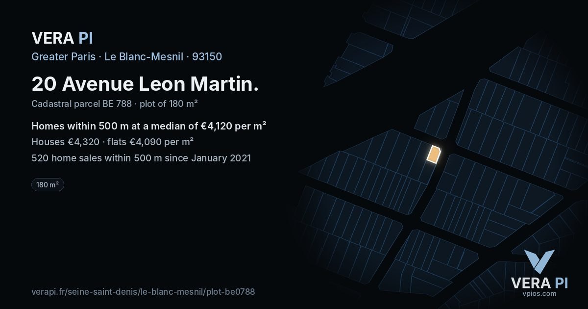 20 Avenue Leon Martin, Le Blanc-Mesnil at night – the plot lit, the parcels around coloured by the prices near them