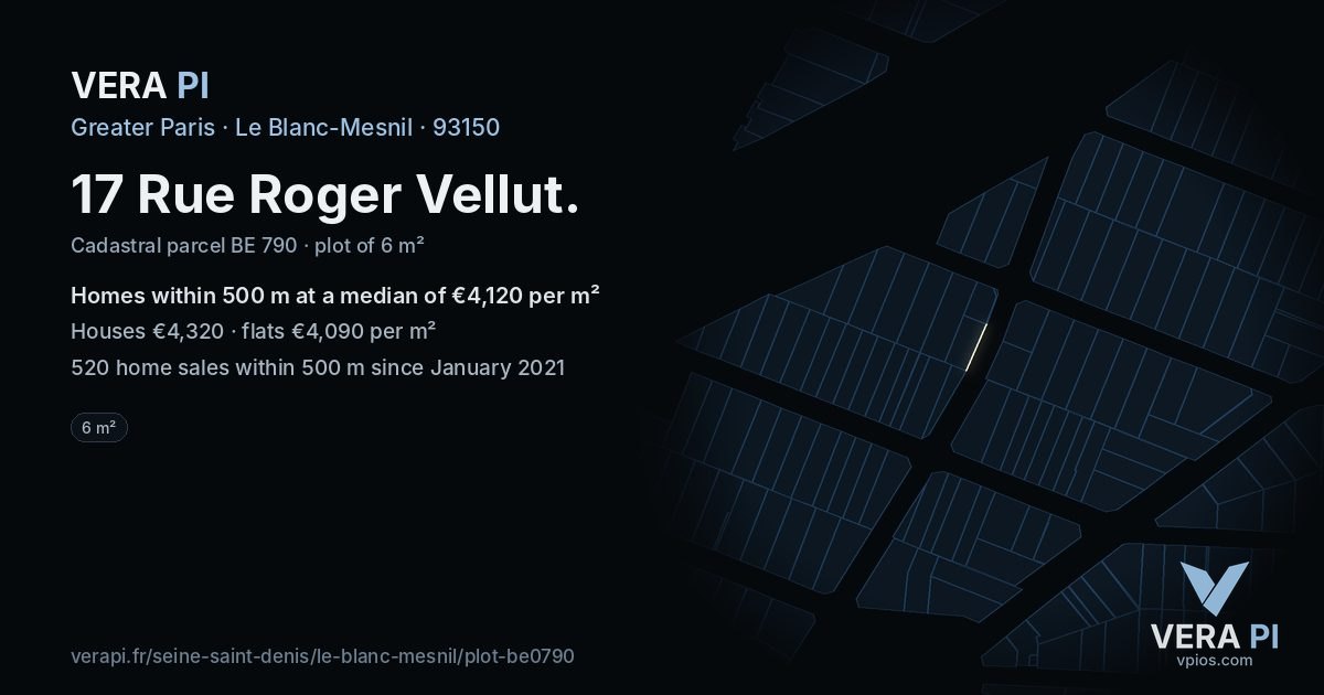 17 Rue Roger Vellut, Le Blanc-Mesnil at night – the plot lit, the parcels around coloured by the prices near them