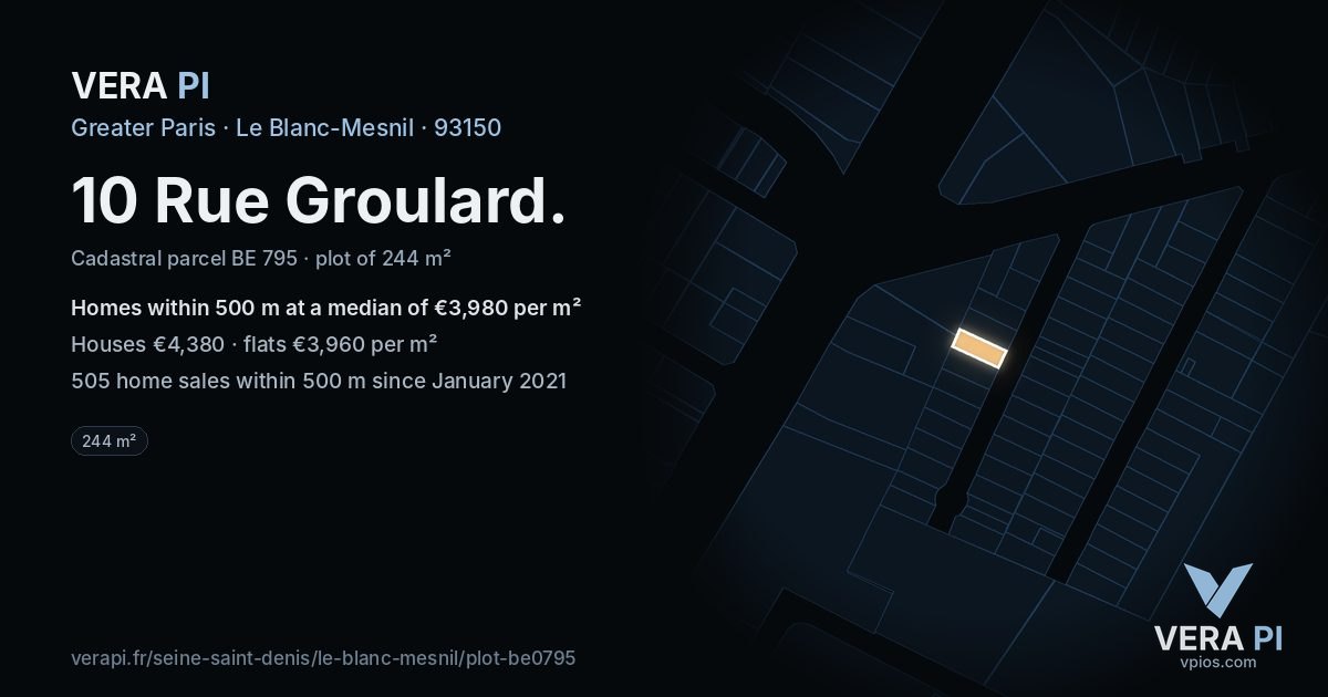 10 Rue Groulard, Le Blanc-Mesnil at night – the plot lit, the parcels around coloured by the prices near them