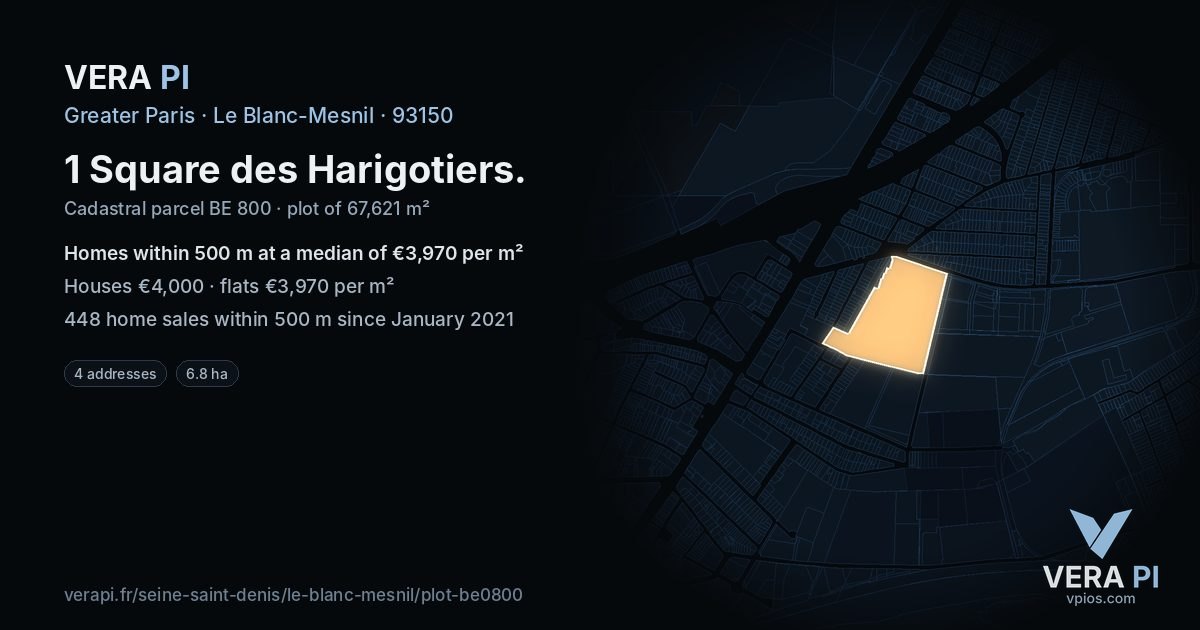 1 Square des Harigotiers, Le Blanc-Mesnil at night – the plot lit, the parcels around coloured by the prices near them