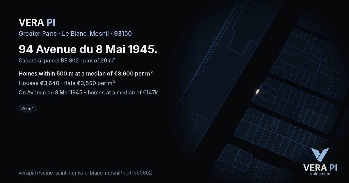 94 Avenue du 8 Mai 1945, Le Blanc-Mesnil at night – the plot lit, the parcels around coloured by the prices near them
