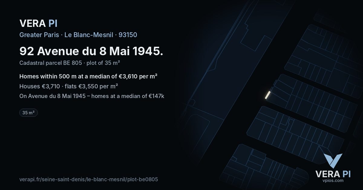 92 Avenue du 8 Mai 1945, Le Blanc-Mesnil at night – the plot lit, the parcels around coloured by the prices near them