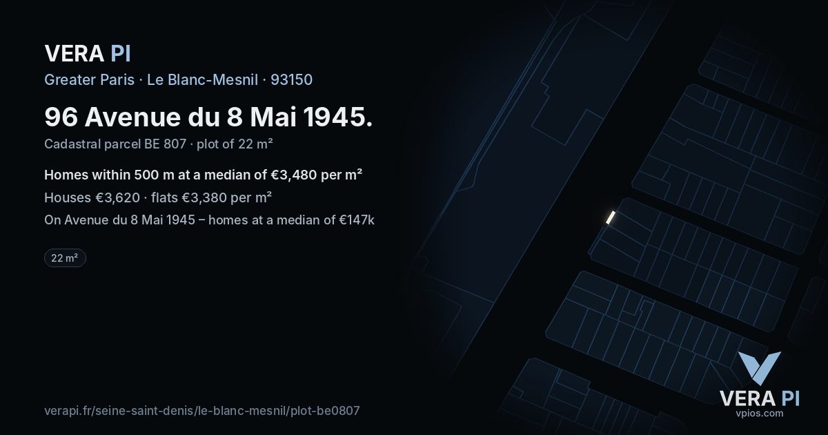 96 Avenue du 8 Mai 1945, Le Blanc-Mesnil at night – the plot lit, the parcels around coloured by the prices near them