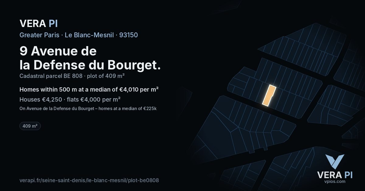 9 Avenue de la Defense du Bourget, Le Blanc-Mesnil at night – the plot lit, the parcels around coloured by the prices near them
