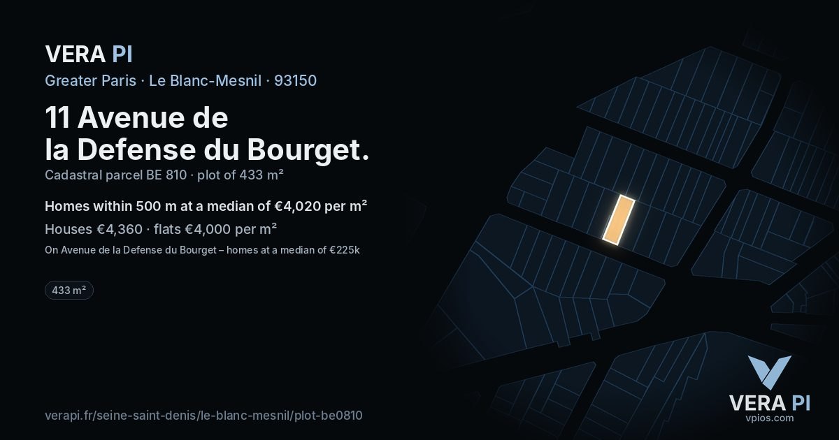 11 Avenue de la Defense du Bourget, Le Blanc-Mesnil at night – the plot lit, the parcels around coloured by the prices near them