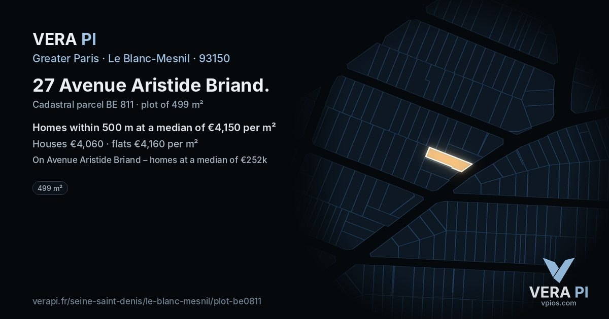 27 Avenue Aristide Briand, Le Blanc-Mesnil at night – the plot lit, the parcels around coloured by the prices near them