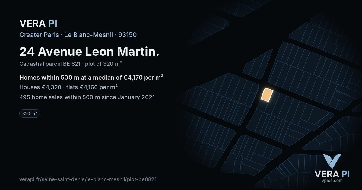 24 Avenue Leon Martin, Le Blanc-Mesnil at night – the plot lit, the parcels around coloured by the prices near them
