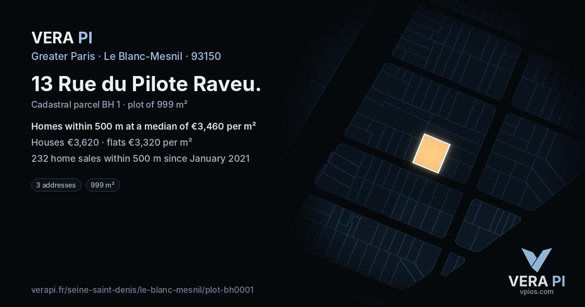 13 Rue du Pilote Raveu, Le Blanc-Mesnil at night – the plot lit, the parcels around coloured by the prices near them