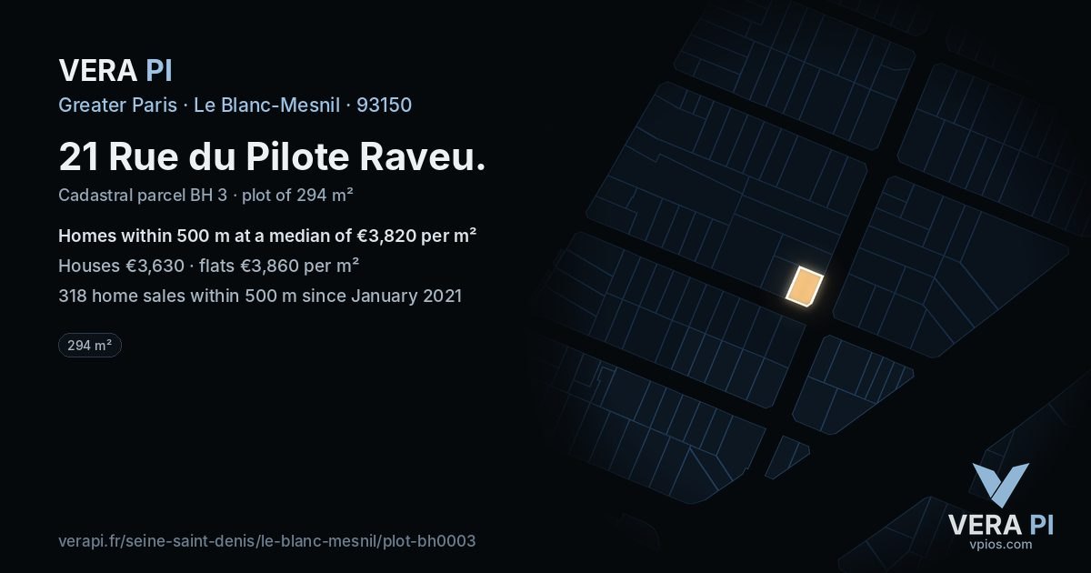 21 Rue du Pilote Raveu, Le Blanc-Mesnil at night – the plot lit, the parcels around coloured by the prices near them