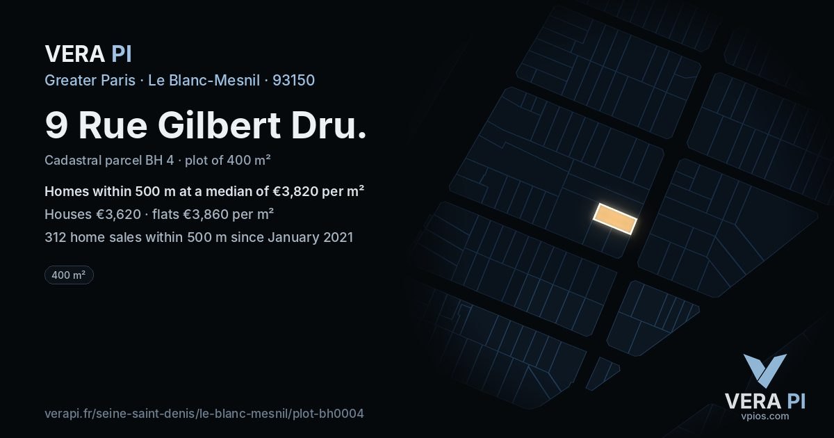 9 Rue Gilbert Dru, Le Blanc-Mesnil at night – the plot lit, the parcels around coloured by the prices near them