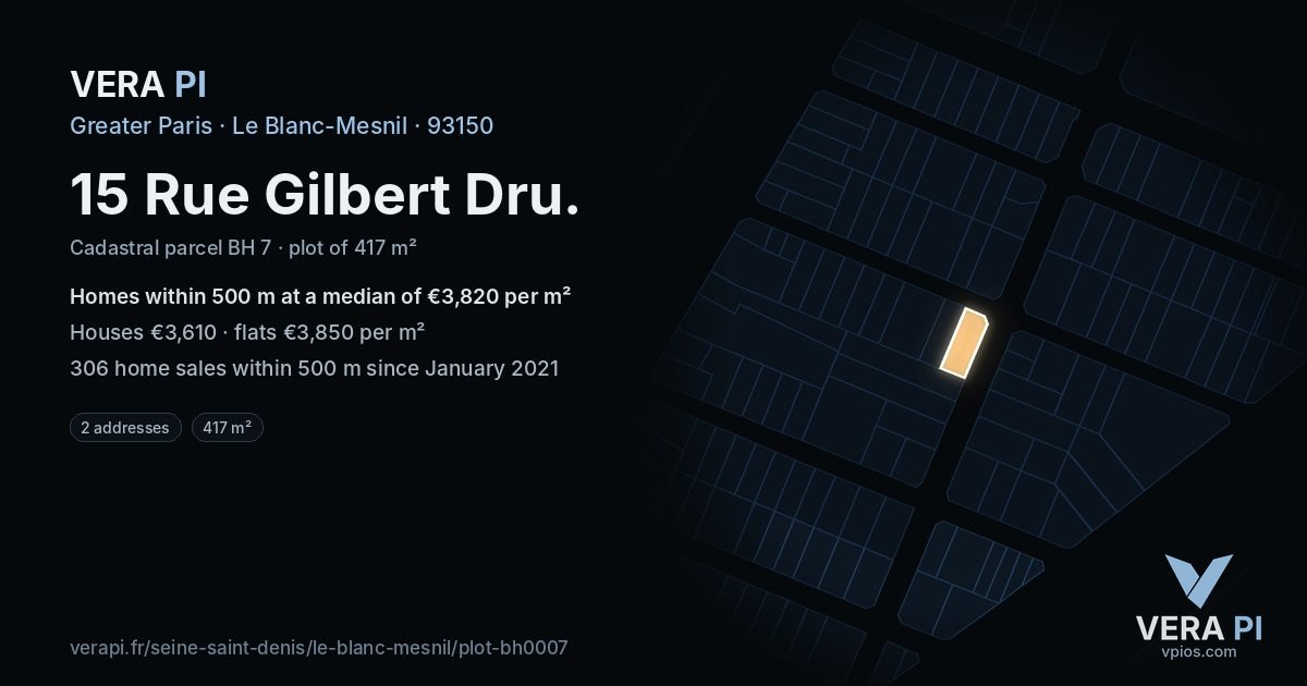 15 Rue Gilbert Dru, Le Blanc-Mesnil at night – the plot lit, the parcels around coloured by the prices near them