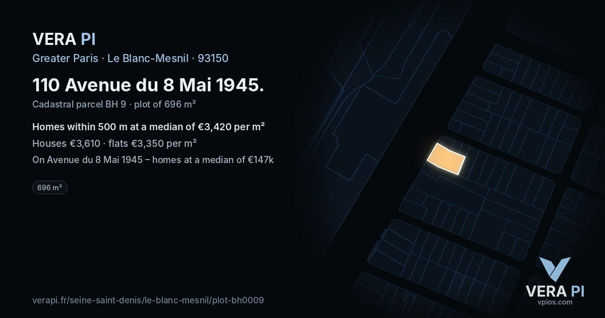 110 Avenue du 8 Mai 1945, Le Blanc-Mesnil at night – the plot lit, the parcels around coloured by the prices near them