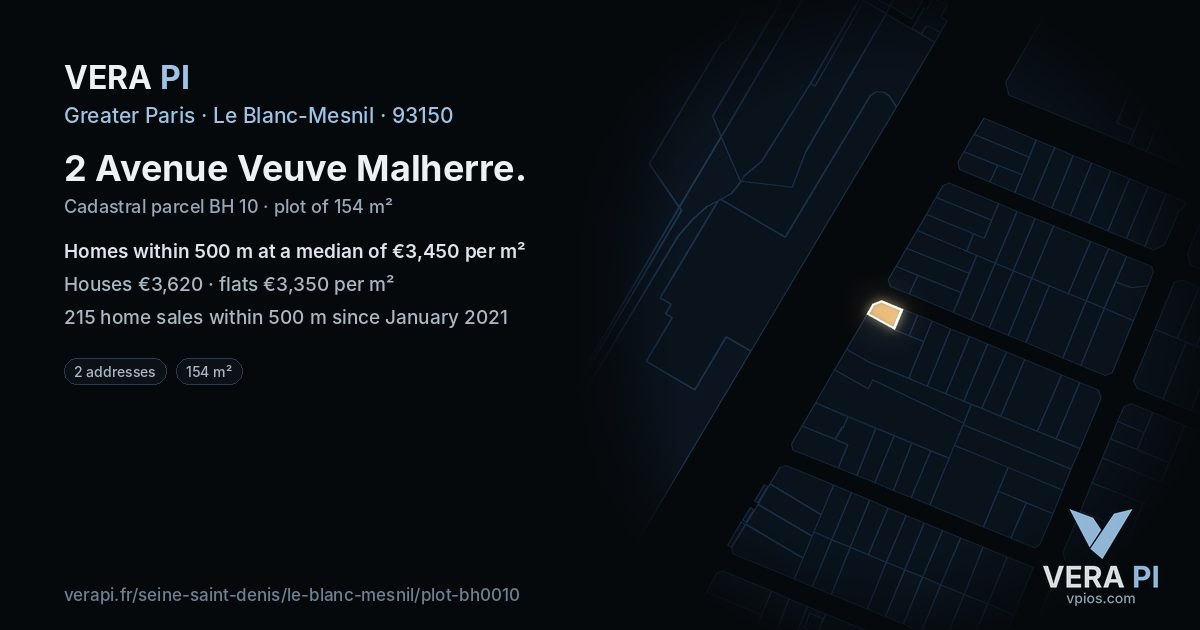 2 Avenue Veuve Malherre, Le Blanc-Mesnil at night – the plot lit, the parcels around coloured by the prices near them