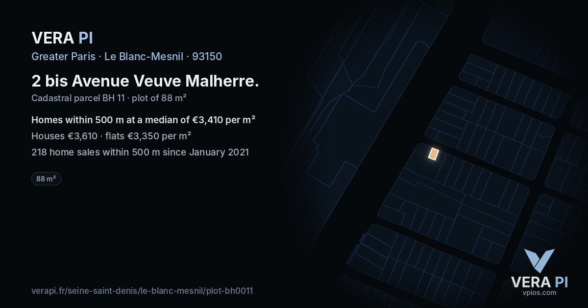 2 bis Avenue Veuve Malherre, Le Blanc-Mesnil at night – the plot lit, the parcels around coloured by the prices near them