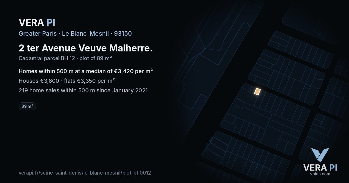 2 ter Avenue Veuve Malherre, Le Blanc-Mesnil at night – the plot lit, the parcels around coloured by the prices near them