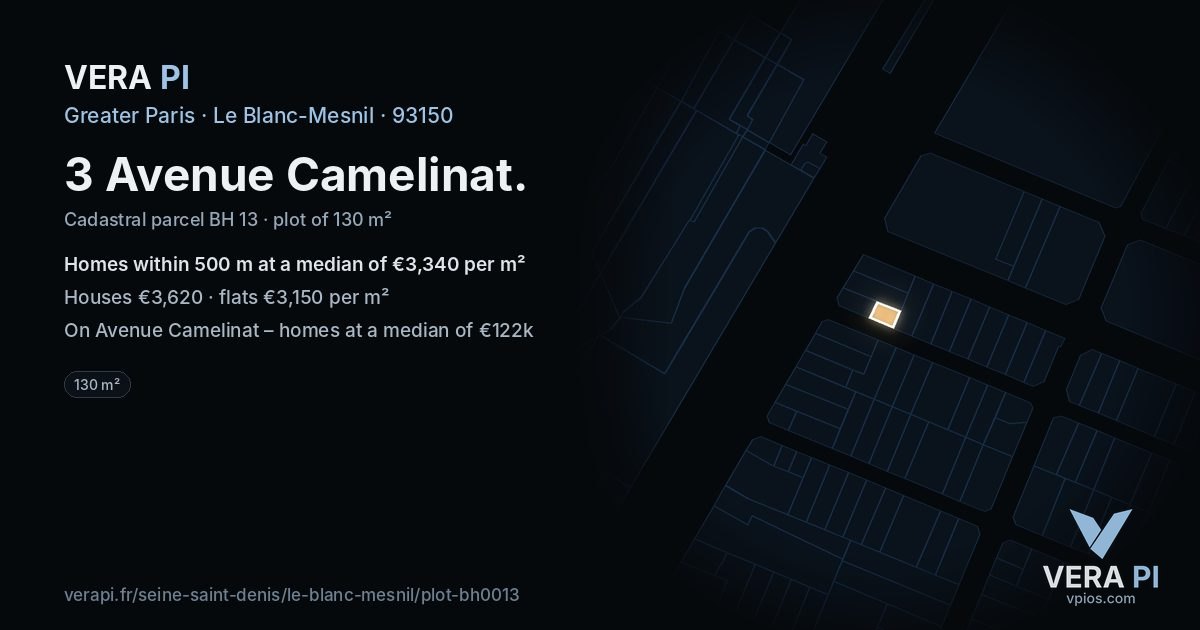 3 Avenue Camelinat, Le Blanc-Mesnil at night – the plot lit, the parcels around coloured by the prices near them
