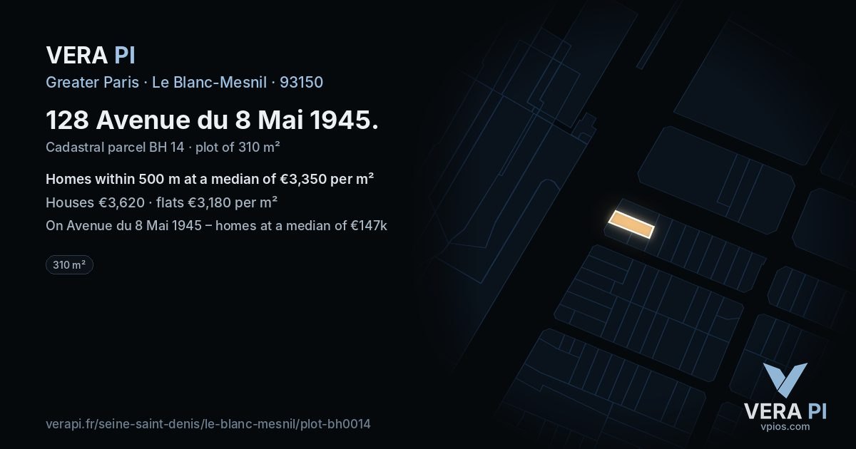 128 Avenue du 8 Mai 1945, Le Blanc-Mesnil at night – the plot lit, the parcels around coloured by the prices near them