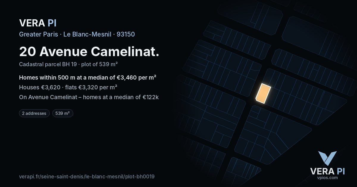 20 Avenue Camelinat, Le Blanc-Mesnil at night – the plot lit, the parcels around coloured by the prices near them