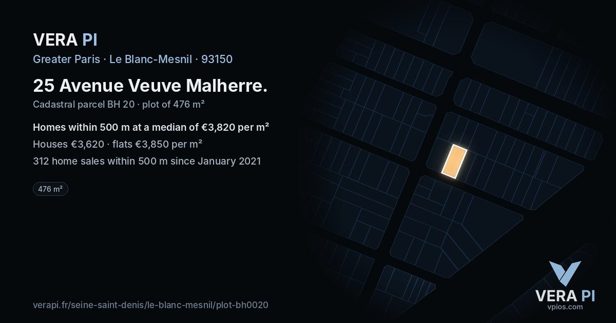 25 Avenue Veuve Malherre, Le Blanc-Mesnil at night – the plot lit, the parcels around coloured by the prices near them