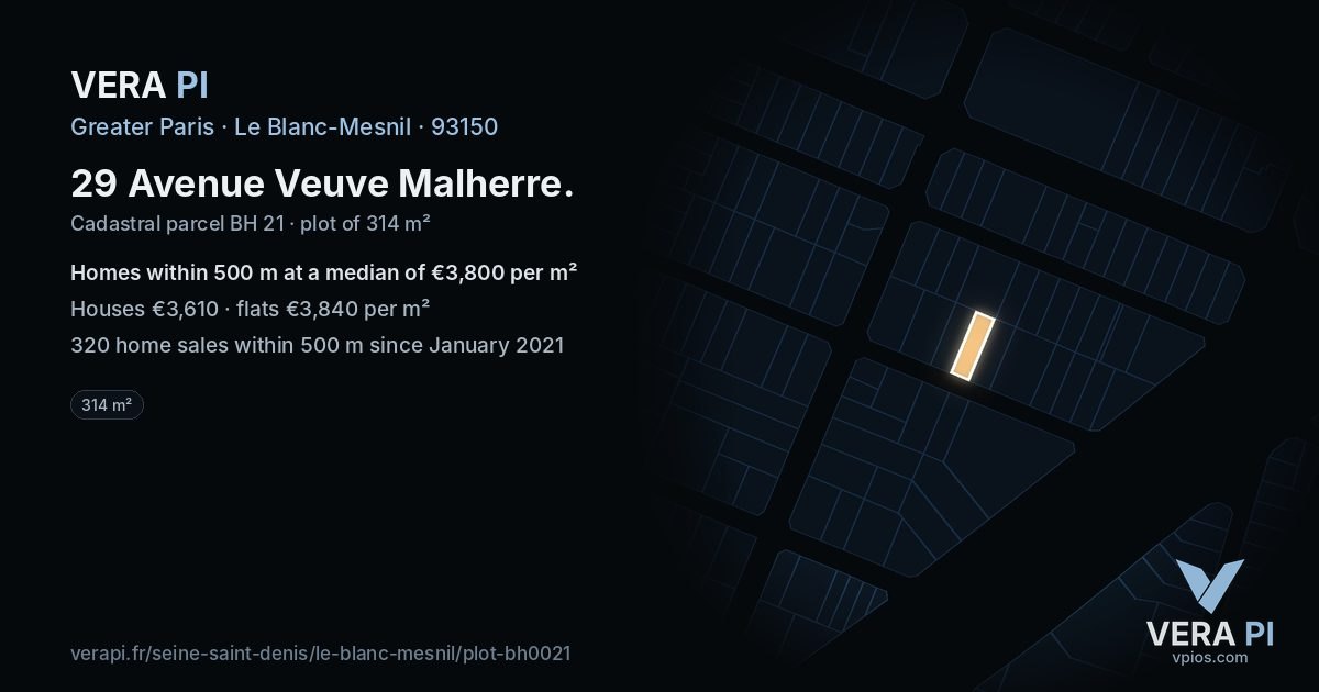 29 Avenue Veuve Malherre, Le Blanc-Mesnil at night – the plot lit, the parcels around coloured by the prices near them
