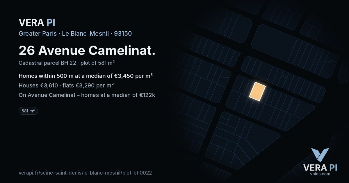 26 Avenue Camelinat, Le Blanc-Mesnil at night – the plot lit, the parcels around coloured by the prices near them