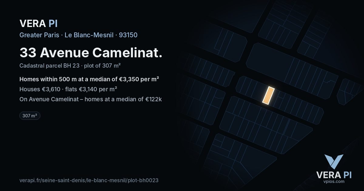 33 Avenue Camelinat, Le Blanc-Mesnil at night – the plot lit, the parcels around coloured by the prices near them