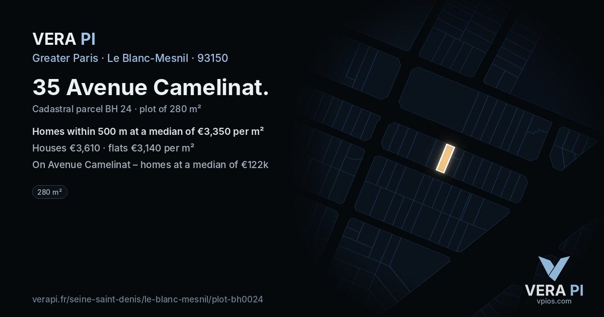 35 Avenue Camelinat, Le Blanc-Mesnil at night – the plot lit, the parcels around coloured by the prices near them