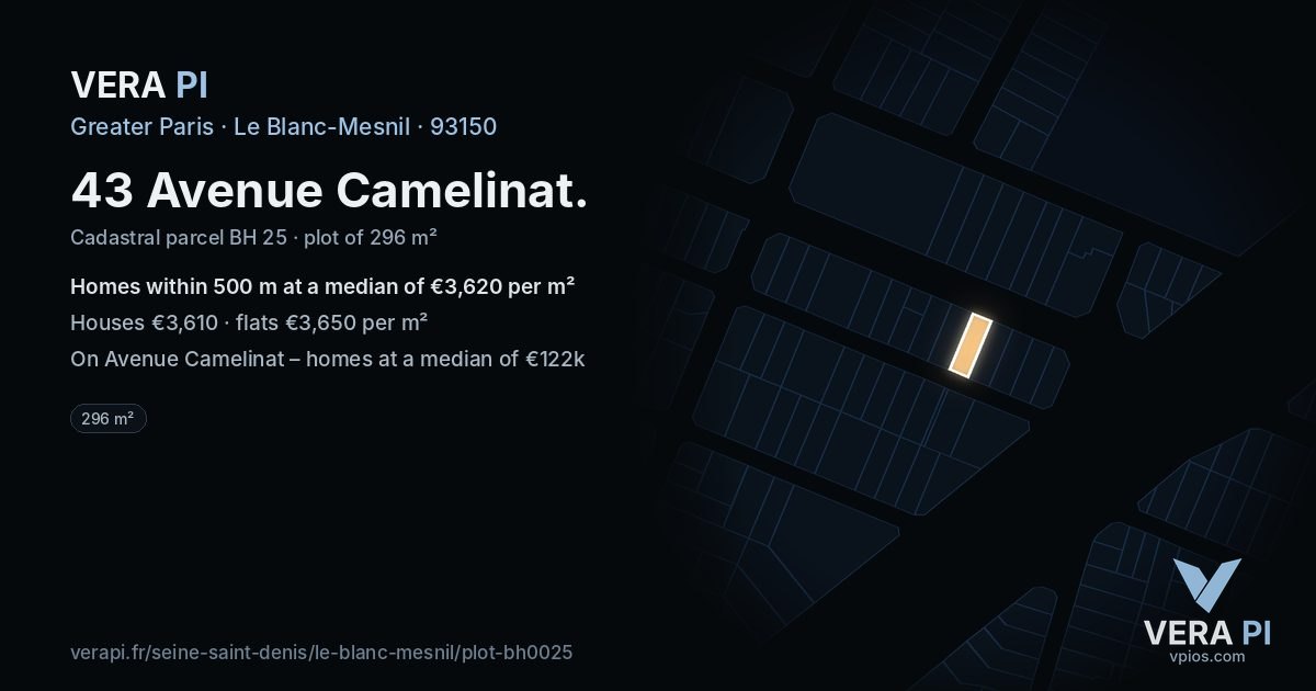 43 Avenue Camelinat, Le Blanc-Mesnil at night – the plot lit, the parcels around coloured by the prices near them