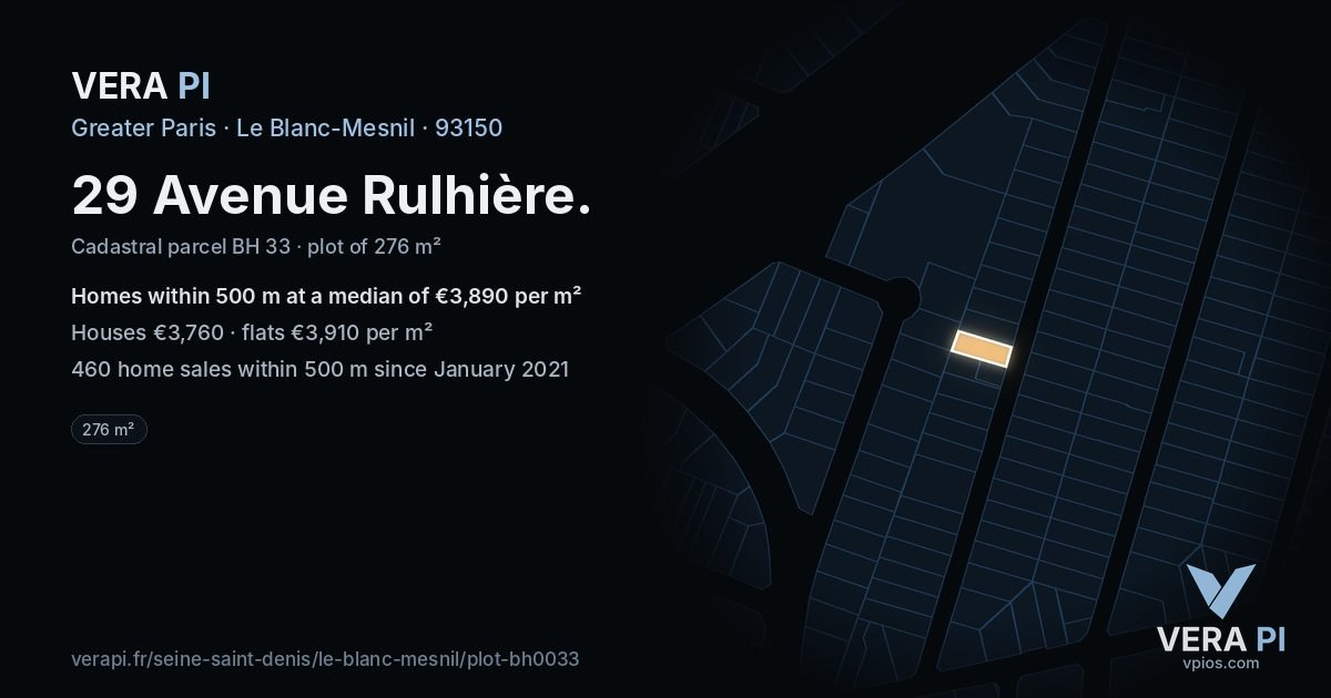 29 Avenue Rulhière, Le Blanc-Mesnil at night – the plot lit, the parcels around coloured by the prices near them