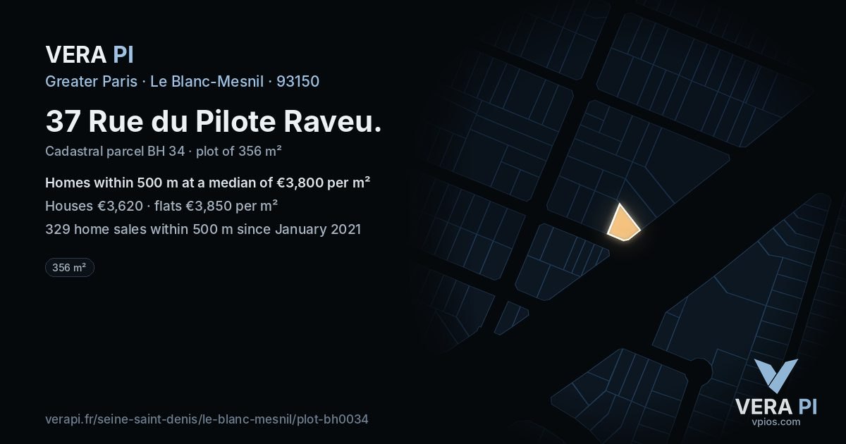 37 Rue du Pilote Raveu, Le Blanc-Mesnil at night – the plot lit, the parcels around coloured by the prices near them