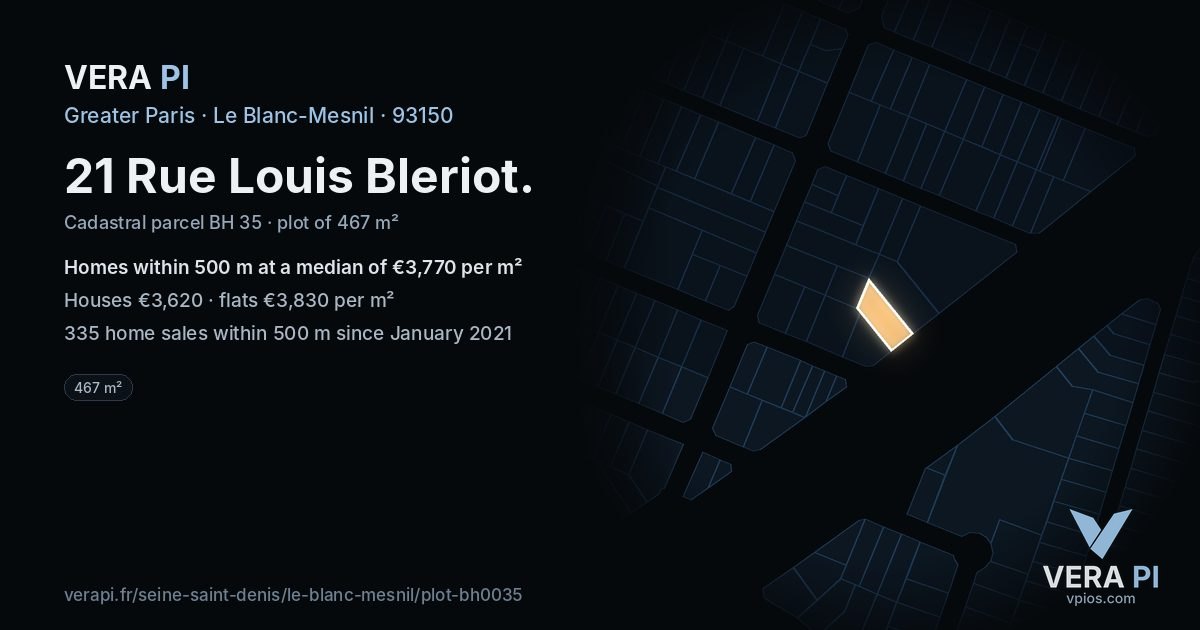 21 Rue Louis Bleriot, Le Blanc-Mesnil at night – the plot lit, the parcels around coloured by the prices near them