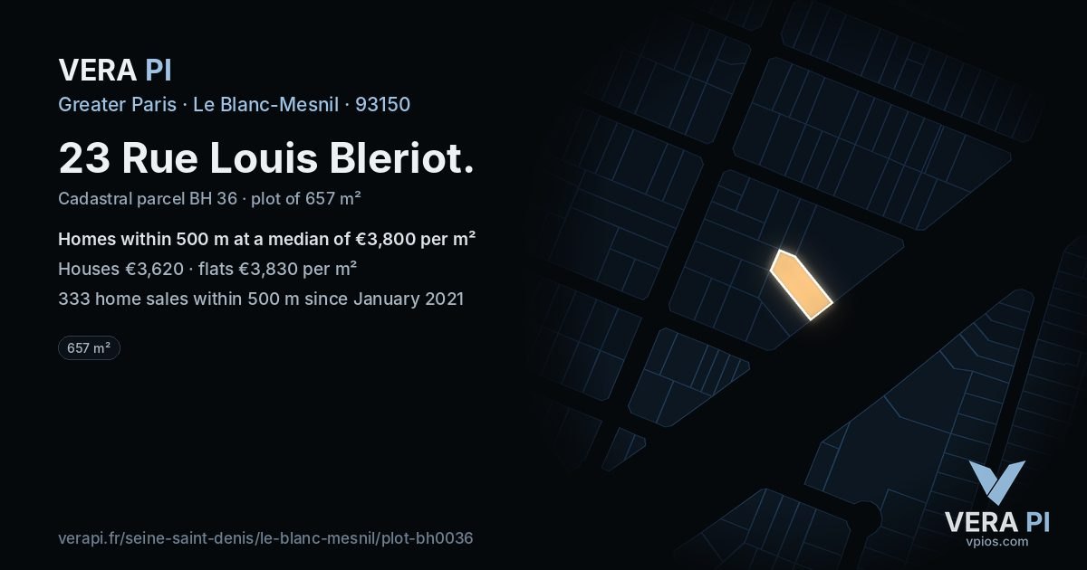 23 Rue Louis Bleriot, Le Blanc-Mesnil at night – the plot lit, the parcels around coloured by the prices near them