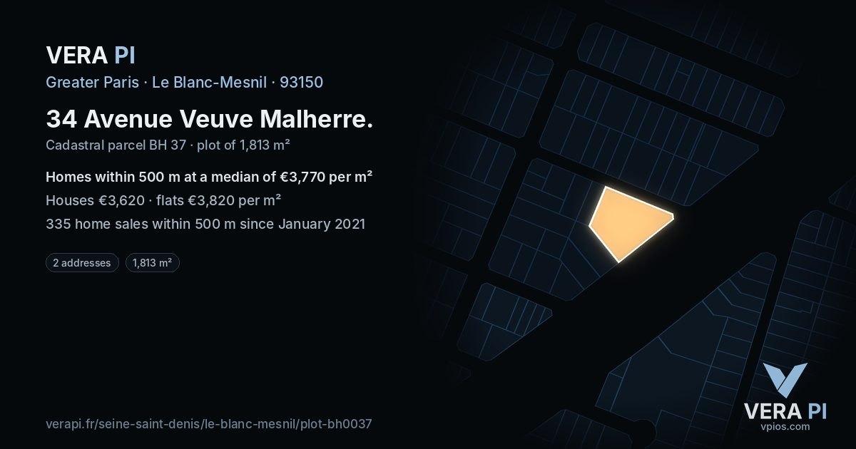 34 Avenue Veuve Malherre, Le Blanc-Mesnil at night – the plot lit, the parcels around coloured by the prices near them