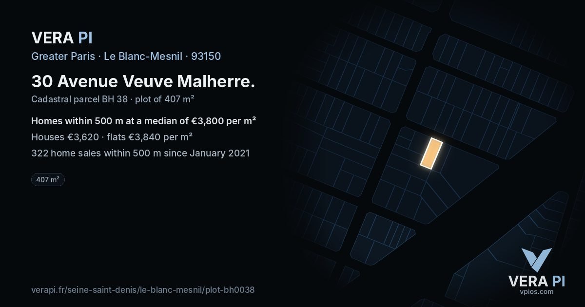 30 Avenue Veuve Malherre, Le Blanc-Mesnil at night – the plot lit, the parcels around coloured by the prices near them