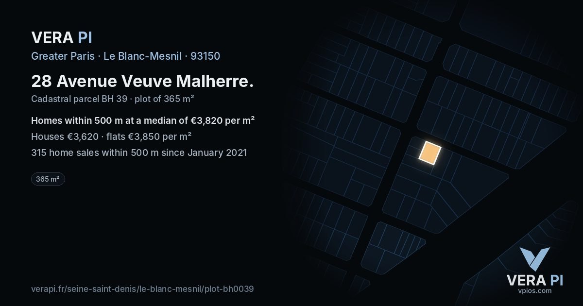 28 Avenue Veuve Malherre, Le Blanc-Mesnil at night – the plot lit, the parcels around coloured by the prices near them