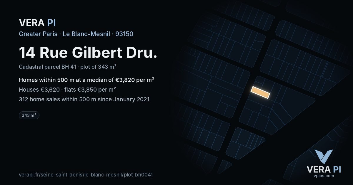 14 Rue Gilbert Dru, Le Blanc-Mesnil at night – the plot lit, the parcels around coloured by the prices near them