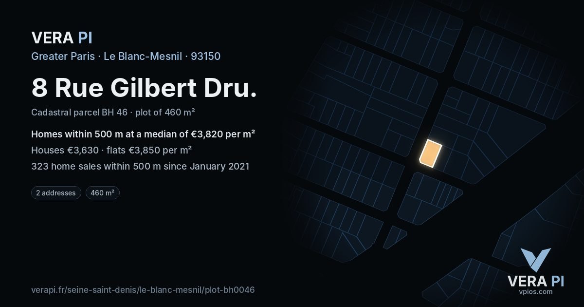 8 Rue Gilbert Dru, Le Blanc-Mesnil at night – the plot lit, the parcels around coloured by the prices near them