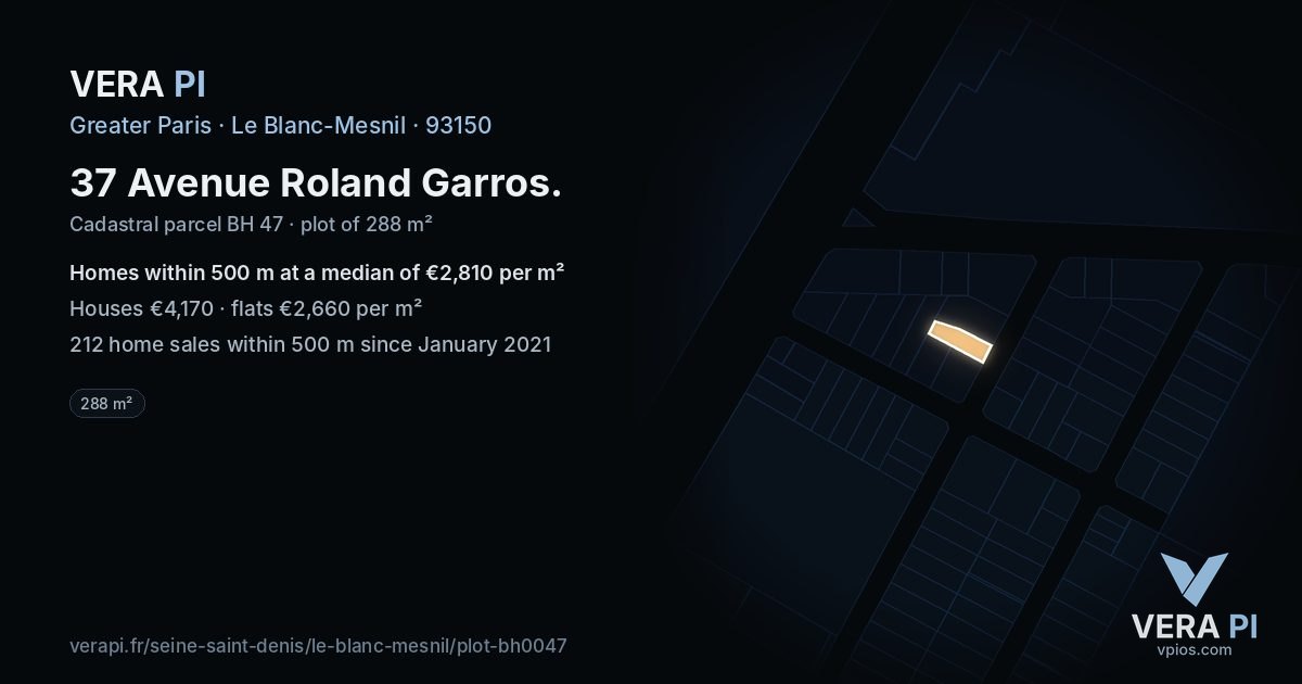 37 Avenue Roland Garros, Le Blanc-Mesnil at night – the plot lit, the parcels around coloured by the prices near them