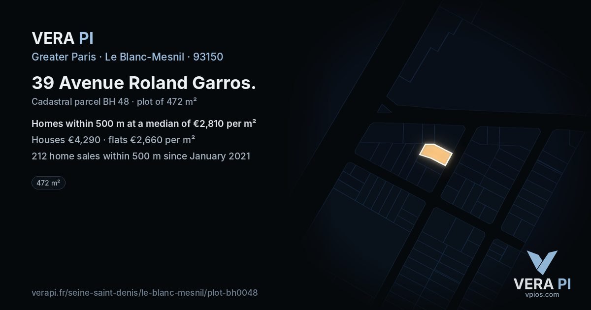 39 Avenue Roland Garros, Le Blanc-Mesnil at night – the plot lit, the parcels around coloured by the prices near them