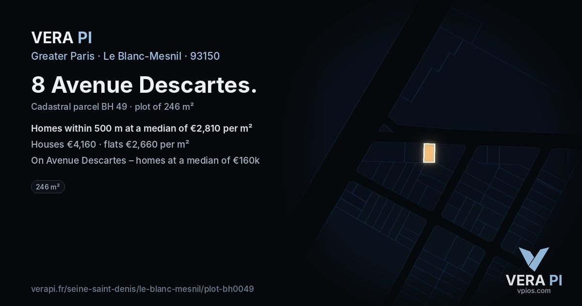 8 Avenue Descartes, Le Blanc-Mesnil at night – the plot lit, the parcels around coloured by the prices near them