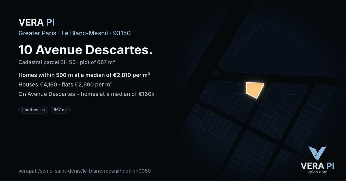 10 Avenue Descartes, Le Blanc-Mesnil at night – the plot lit, the parcels around coloured by the prices near them
