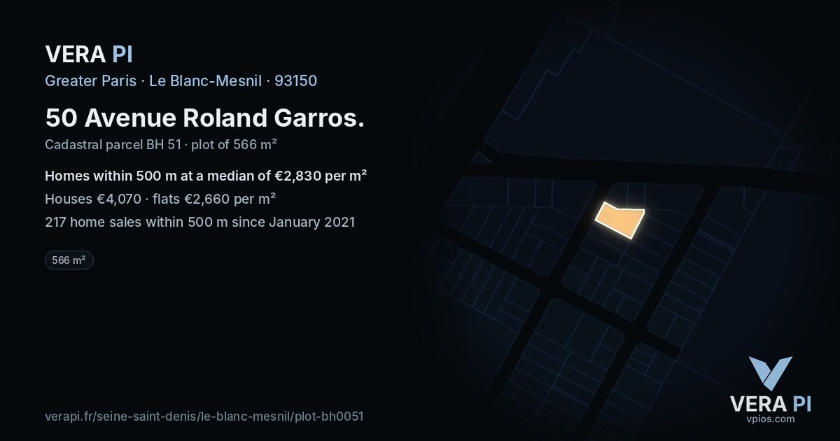 50 Avenue Roland Garros, Le Blanc-Mesnil at night – the plot lit, the parcels around coloured by the prices near them