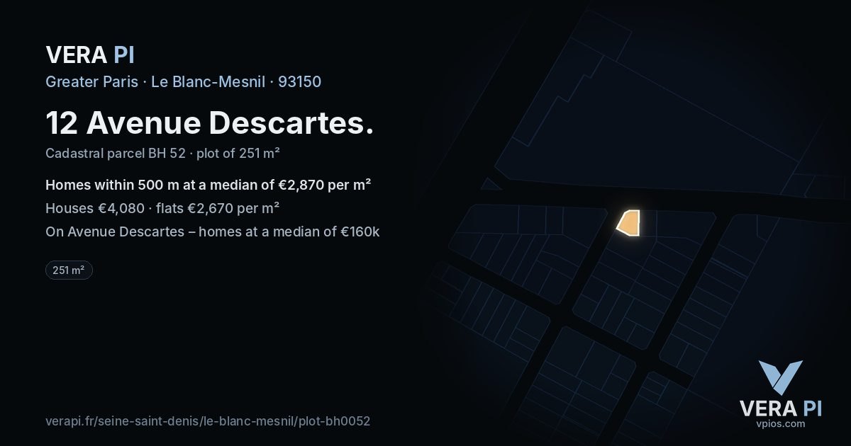 12 Avenue Descartes, Le Blanc-Mesnil at night – the plot lit, the parcels around coloured by the prices near them