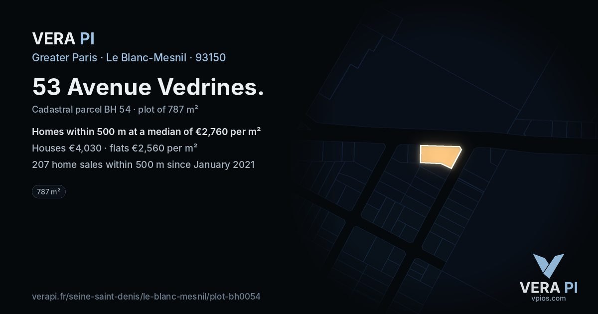 53 Avenue Vedrines, Le Blanc-Mesnil at night – the plot lit, the parcels around coloured by the prices near them