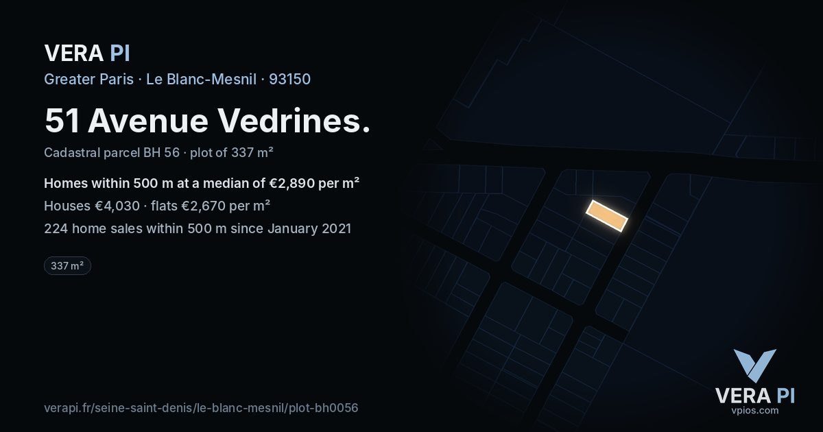 51 Avenue Vedrines, Le Blanc-Mesnil at night – the plot lit, the parcels around coloured by the prices near them