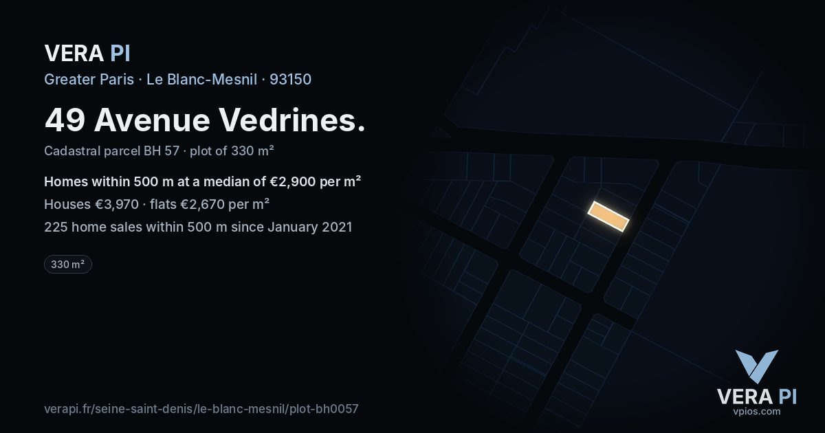 49 Avenue Vedrines, Le Blanc-Mesnil at night – the plot lit, the parcels around coloured by the prices near them