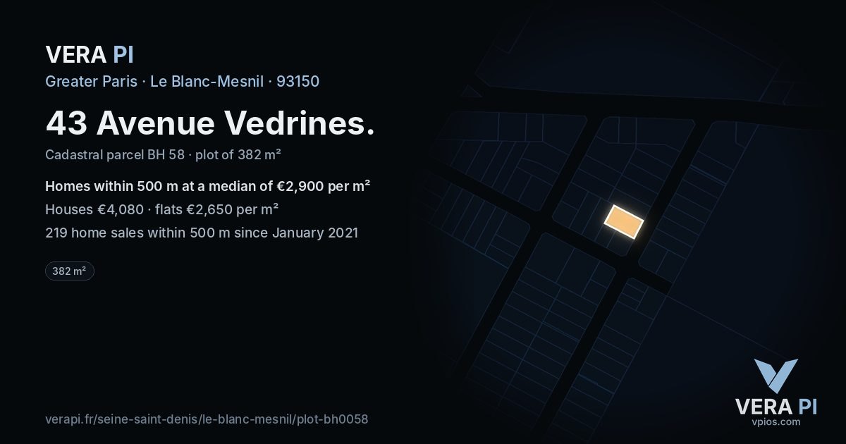 43 Avenue Vedrines, Le Blanc-Mesnil at night – the plot lit, the parcels around coloured by the prices near them