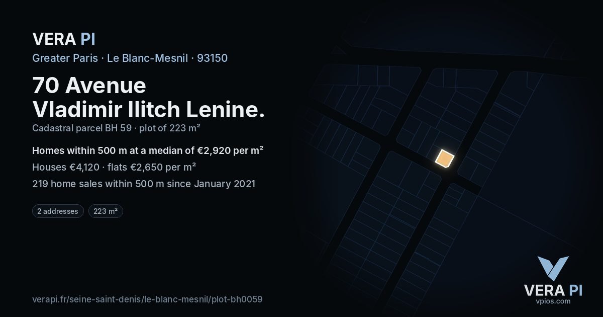 70 Avenue Vladimir Ilitch Lenine, Le Blanc-Mesnil at night – the plot lit, the parcels around coloured by the prices near them