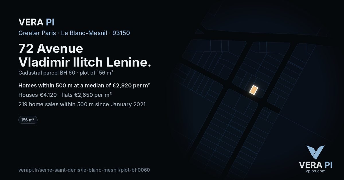 72 Avenue Vladimir Ilitch Lenine, Le Blanc-Mesnil at night – the plot lit, the parcels around coloured by the prices near them