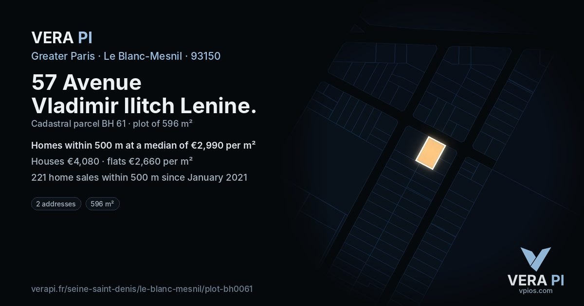 57 Avenue Vladimir Ilitch Lenine, Le Blanc-Mesnil at night – the plot lit, the parcels around coloured by the prices near them